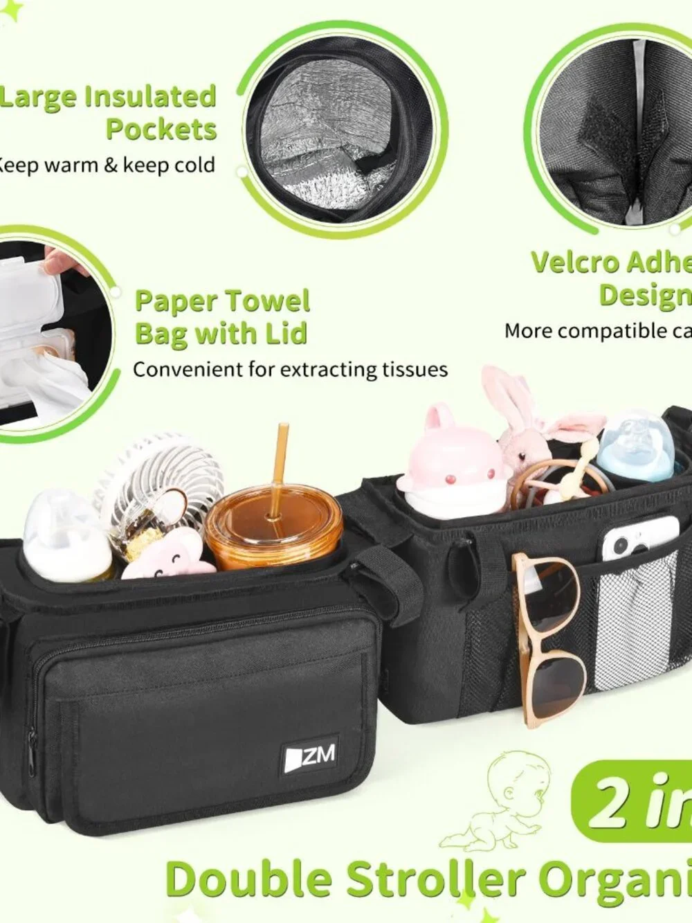 Black Double Stroller Organizer Compatible with 26-31 Inch Handlebar